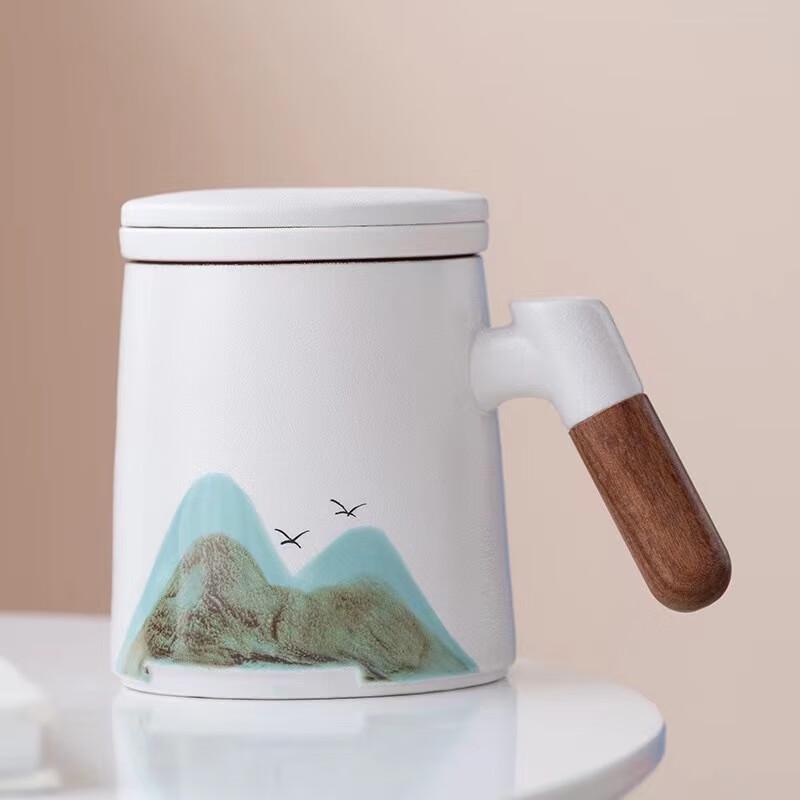 ZISIZ Ceramic Tea Infuser Cup with Wooden Handle