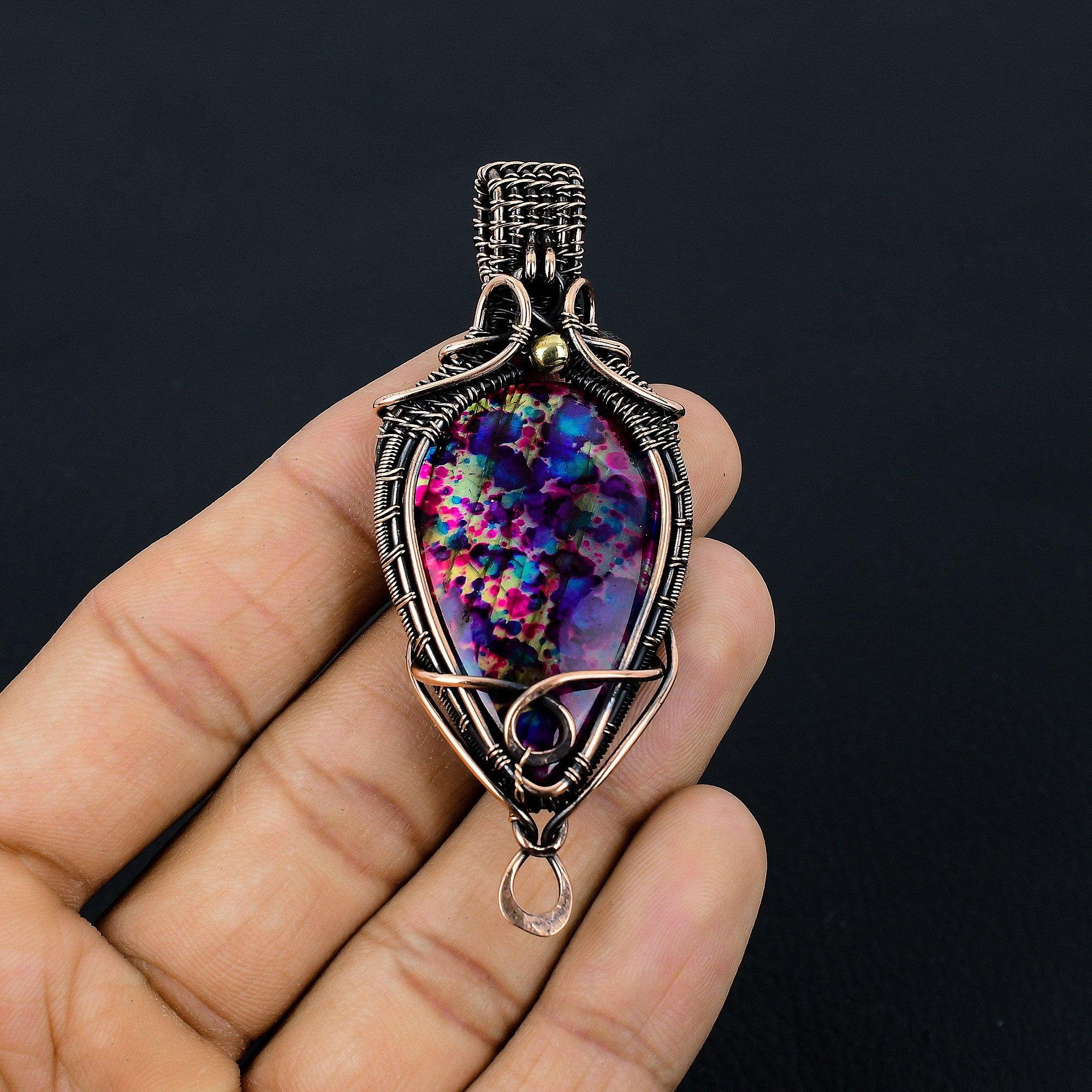 

Кулон из лабрадорита с мульти-иризацией, ювелирное изделие из драгоценного камня, кулон, оплетенный медной проволокой 999 пробы, подарок для женщин, кулон ручной работы 2.55 Inches