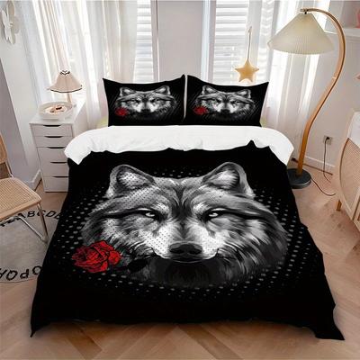 Ensemble de literie 3 pièces Loup Rose Housse de couette et taies d'oreiller, Convient à toutes les saisons(Aucun insertion)-0729050