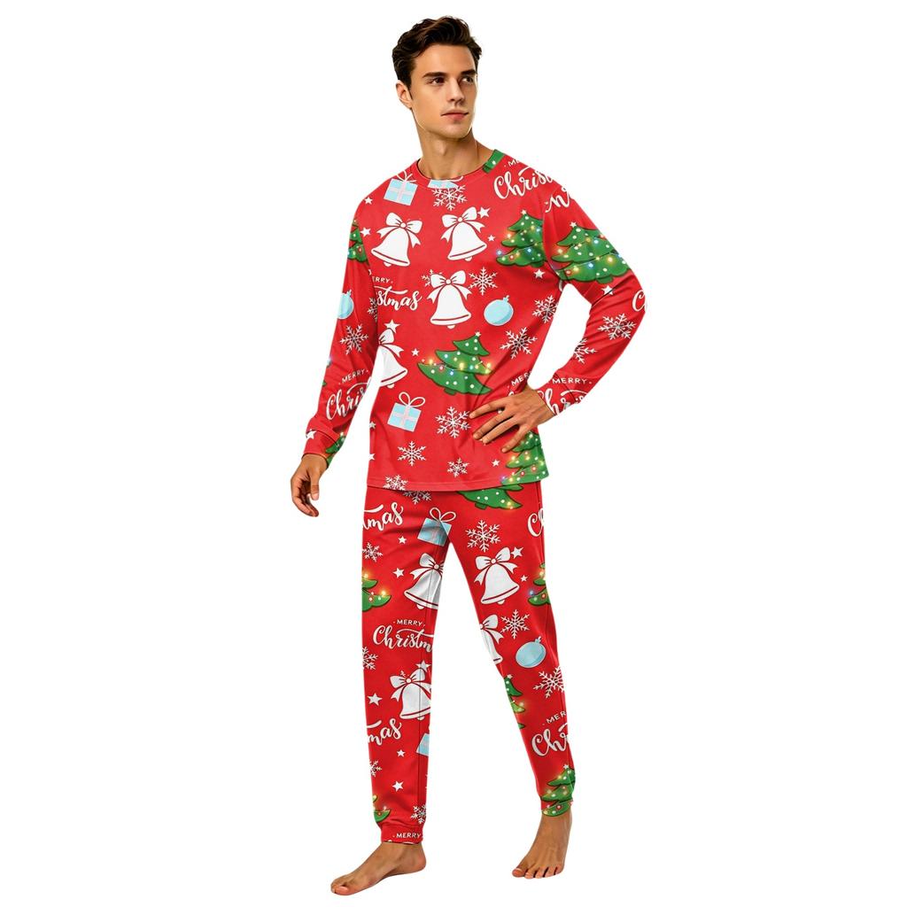 Matching Family Christmas Print Pajama Set with Long Sleeve Neck Top and Pants for Parents and Kids