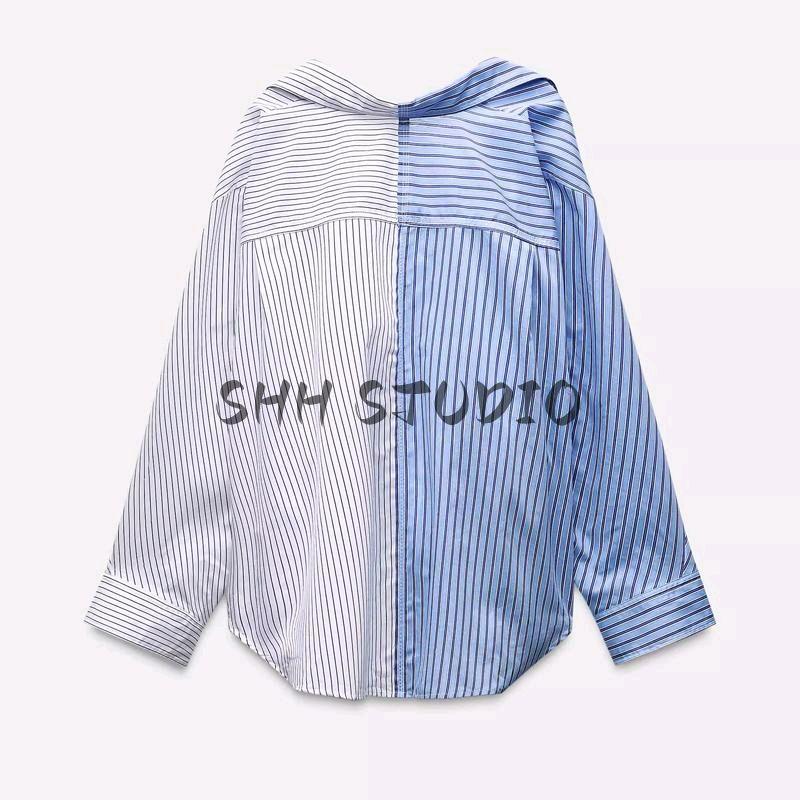 Spring New Women clothes Western Style All-Match Patchwork Stripe Poplin Loose Lapel Shirts 4764020