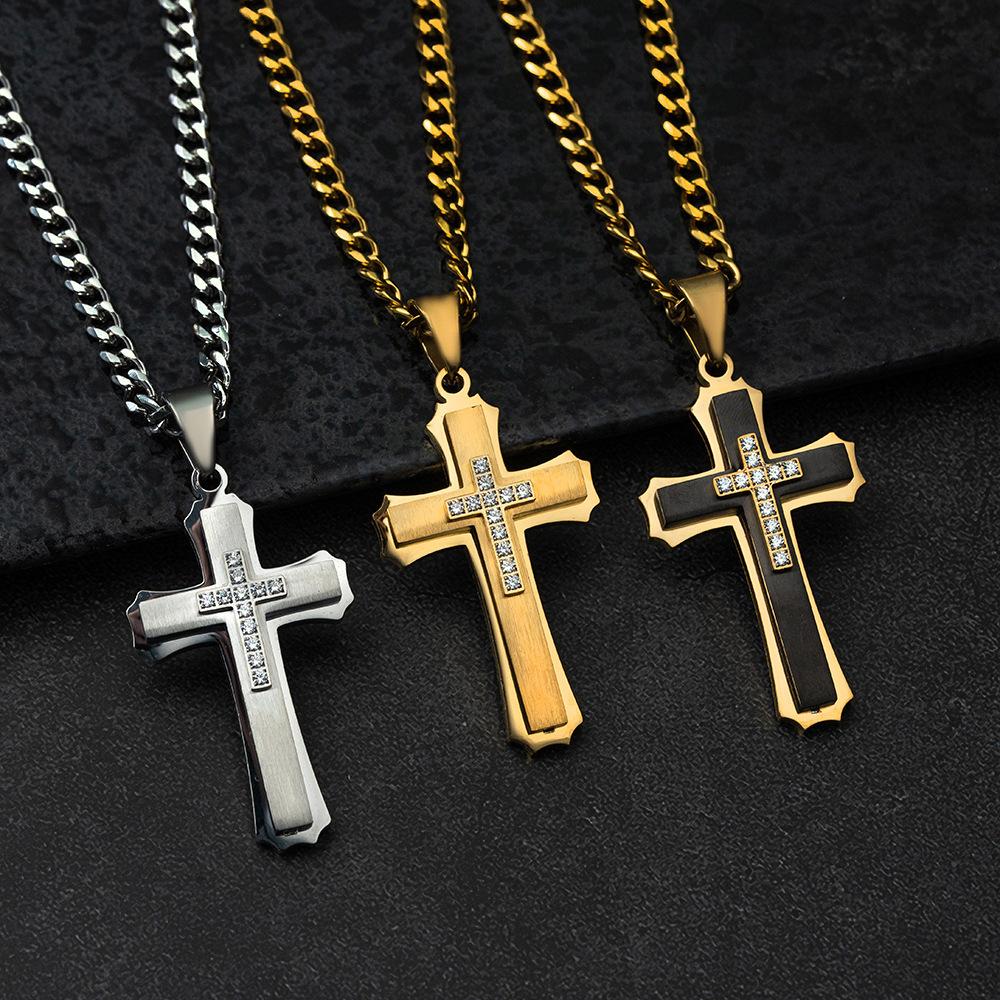 European and American Double-layer Three-dimensional Cross Pendant Punk Trendy Men's Titanium Steel Necklace
