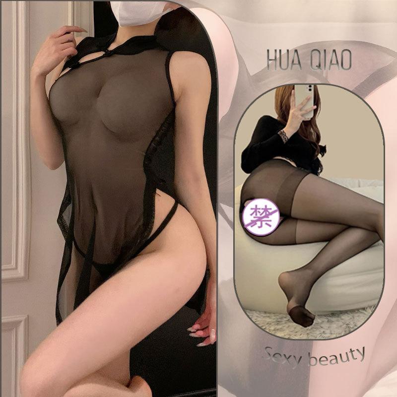 Sex underwear retro sexy cheongsam hollow chest mesh see-through nightdress women flirting sex underwear transparent