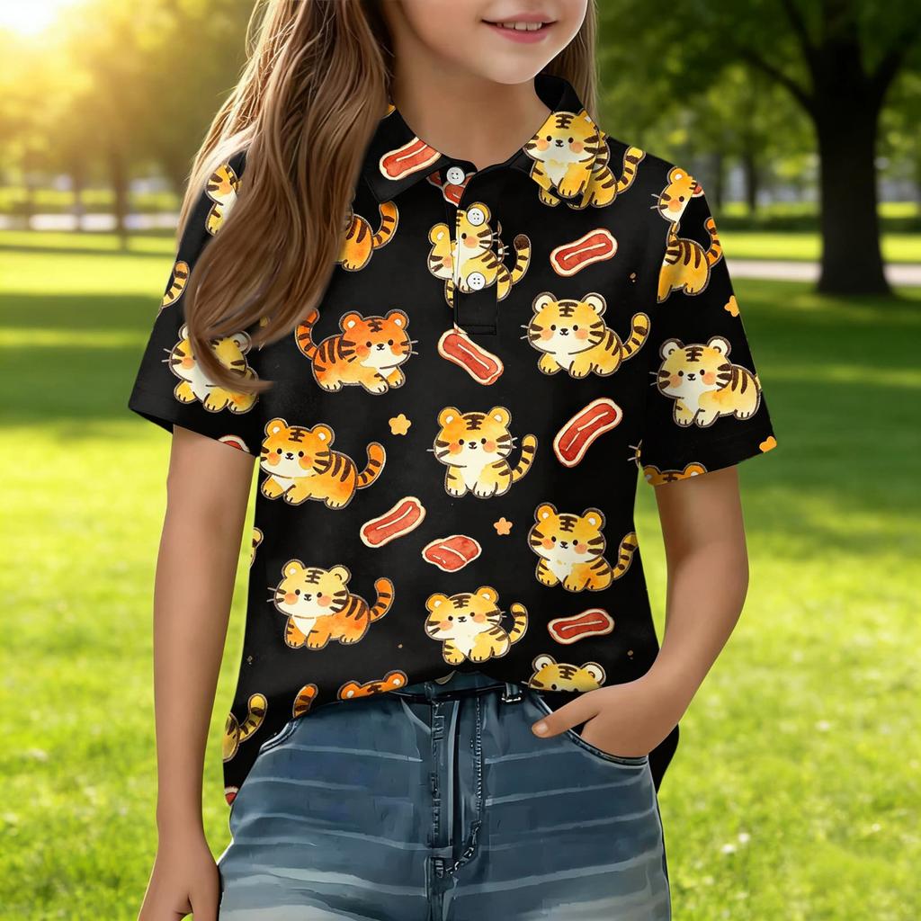 Kids Casual Short Sleeve Polo Shirt Animal Pattern Printed Lightweight Comfortable Breathable Tee Top for Everyday Wear
