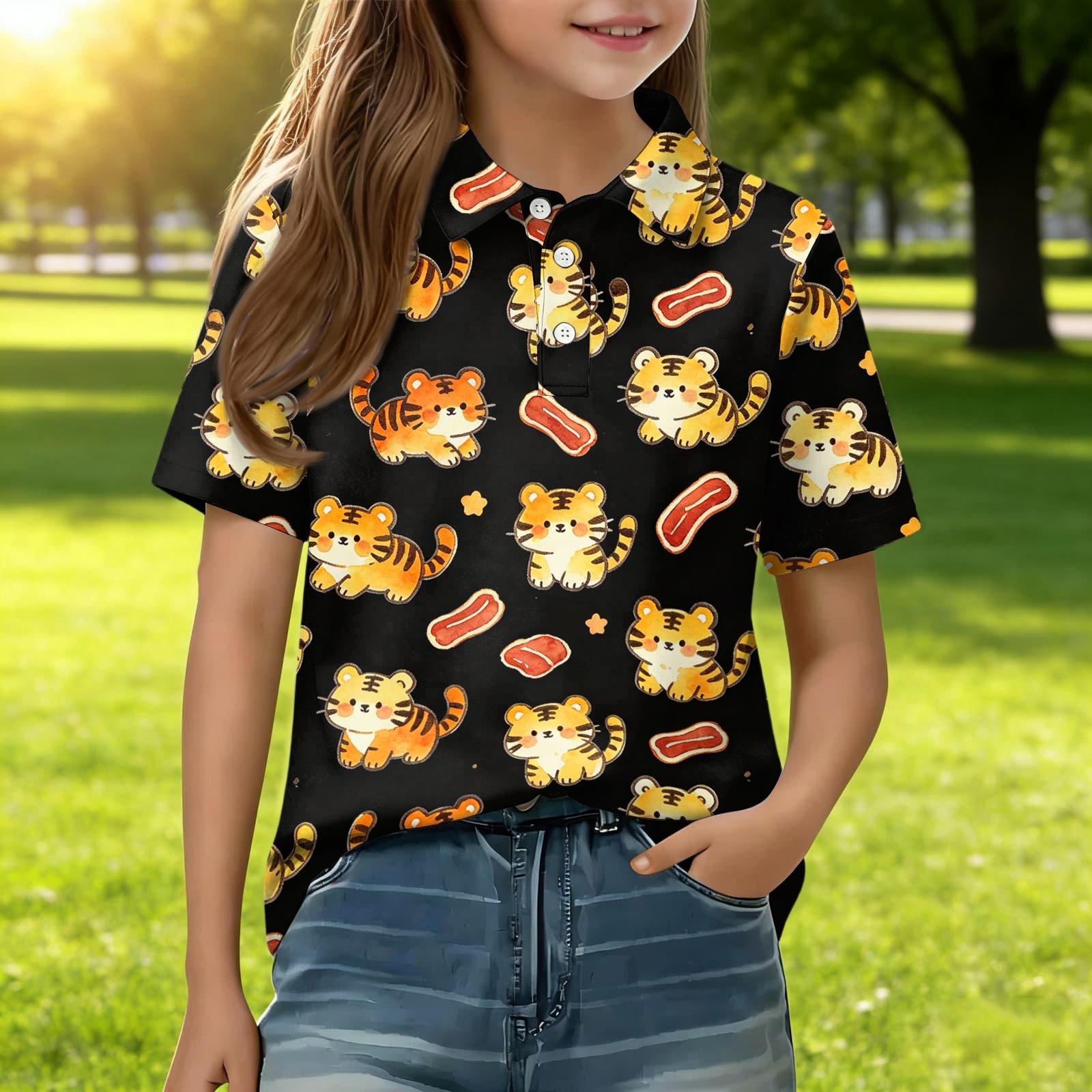

Kids Casual Short Sleeve Polo Shirt Animal Pattern Printed Lightweight Comfortable Breathable Tee Top for Everyday Wear 130 чёрный