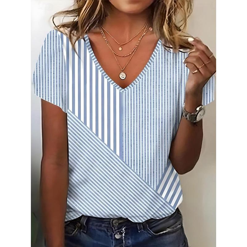 Women s T Shirt Striped Stylish Casual Short Sleeve V Neck Regular Tops Daily Print Pink Summer Spring S