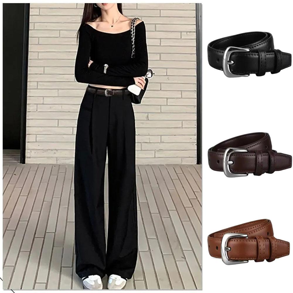 Women's Belt Fashion Pin Buckle Thin Belt Genuine Luxury Soft Belt Women with Cargo Pants Jeans Belts Black PU Leather Belt