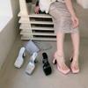 European and American style waterproof table one-word transparent with thick heel square head cool slippers 2025 summer new giant legs long high heels