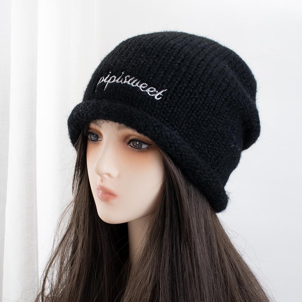 Retro letter embroidery crimped knitted stacking hat women's autumn and winter warm high-end sense fashion trend bag head hat