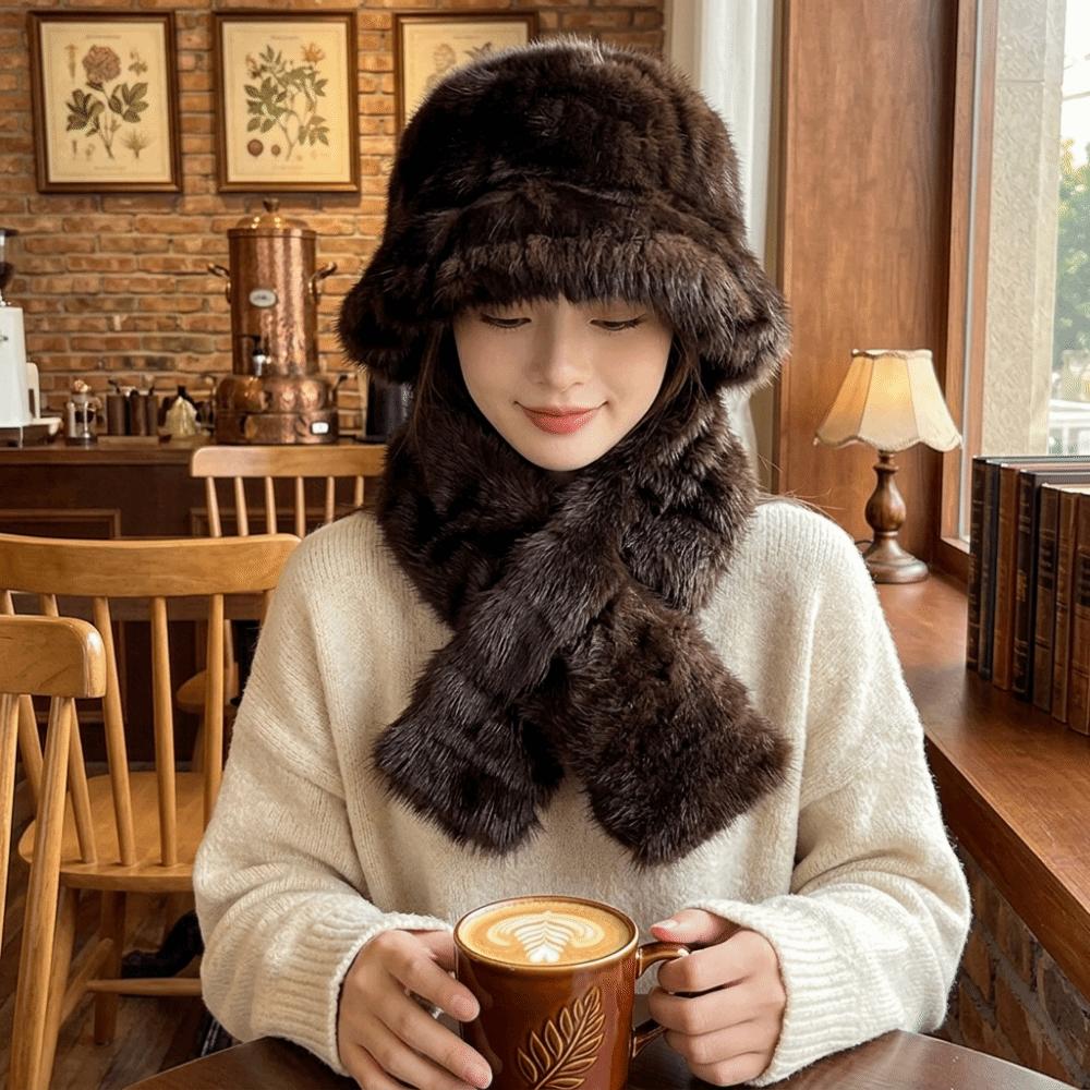 Windproof Faux Fur Hat Scarf Set Warm Fur Snood Scarf Fashion Winter Hat Scarf Set Skiing Holiday