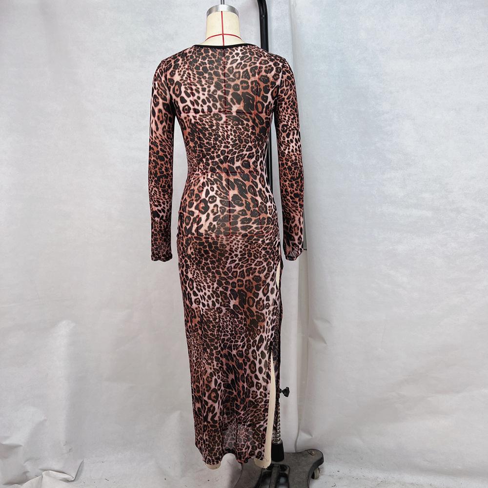 Abito da donna a maniche lunghe con scollo rotondo e stampa mesh con spacco