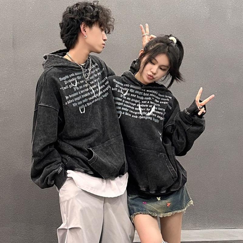 American Style Old Washed Hooded Sweater for Couple Loose Bird Print High Street Hoodie Men's Fashion