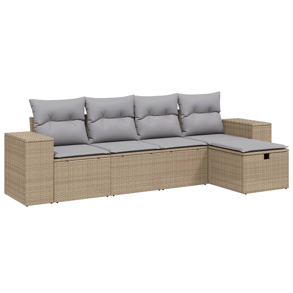 5 Piece Garden Sofa Set with Cushions Beige Poly Rattan