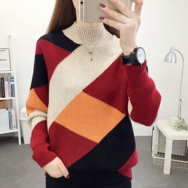 Women's Half Turtleneck Sweater Fall Winter Loose Knit Sweater Top Color-blocked Pullover Knit Jumper Outerwear