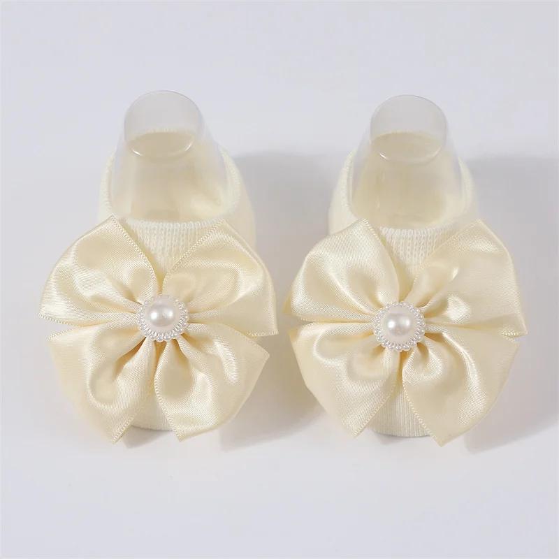 

Детские носки-тапочки с жемчужным бантом, однотонные вязаные дышащие носки для новорожденных, милые подарки на день рождения для девочек и принцесс 0-1 Years