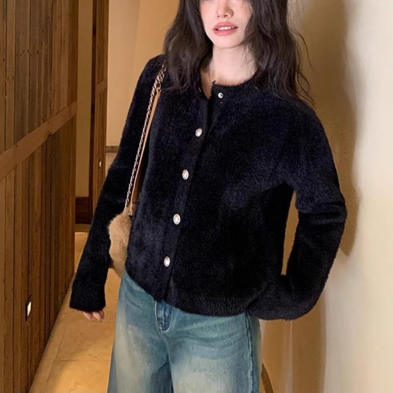 

Вязаный кардиган, нежный имитационный норковый бархат, осень и зима, новый, свободный, мягкий, восковой, ленивый ветер, свитер-жакет, женский one size fits all чёрный