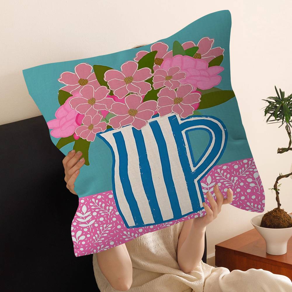 Pink Flower Market Vase Floral Plant Pillow Cover Sofa Cushion Cover Home Room Decoration Children Gift