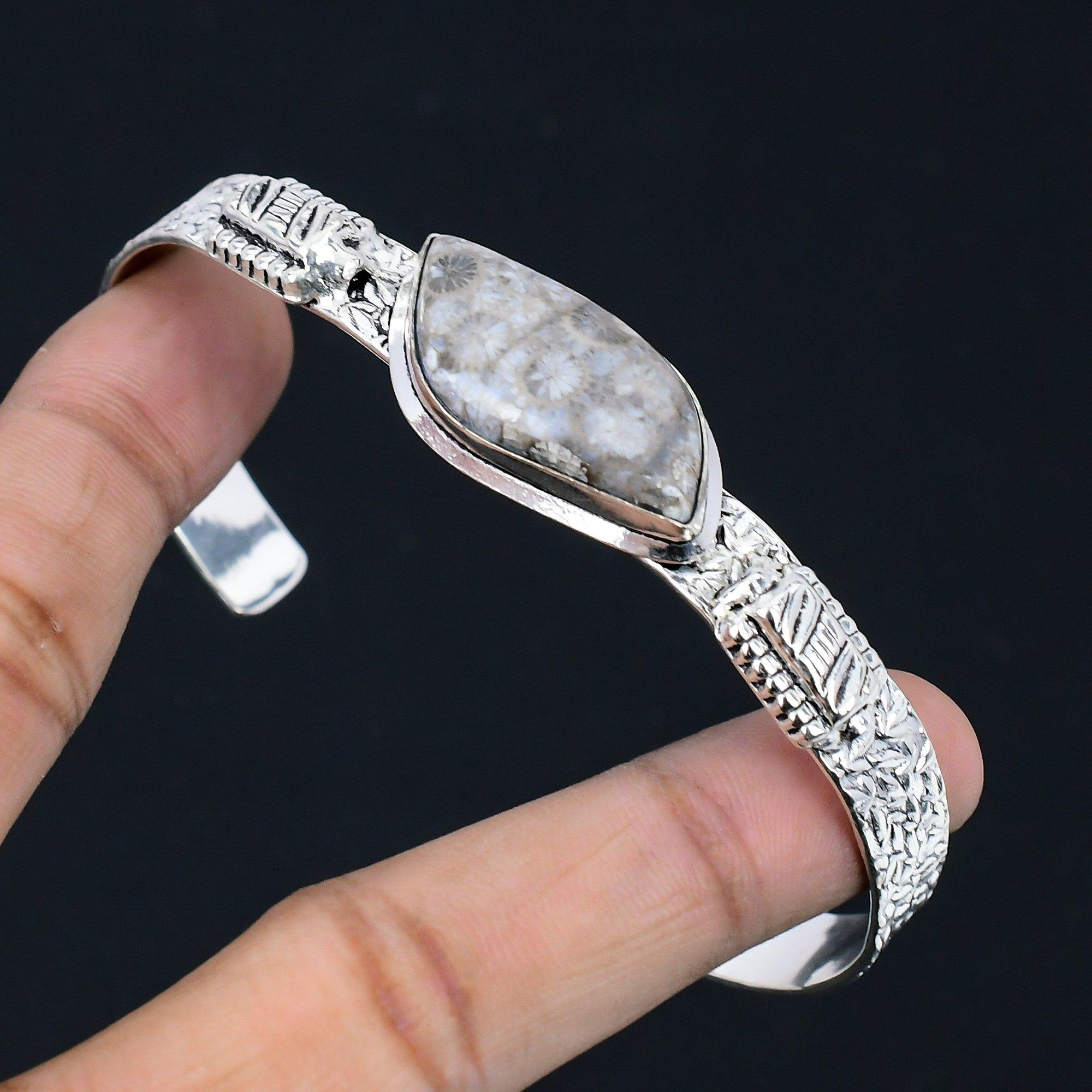 

Daughters Day Sale Fossil Coral Gemstone Sterling Silver Sister Bangle Bracelet Adjustable