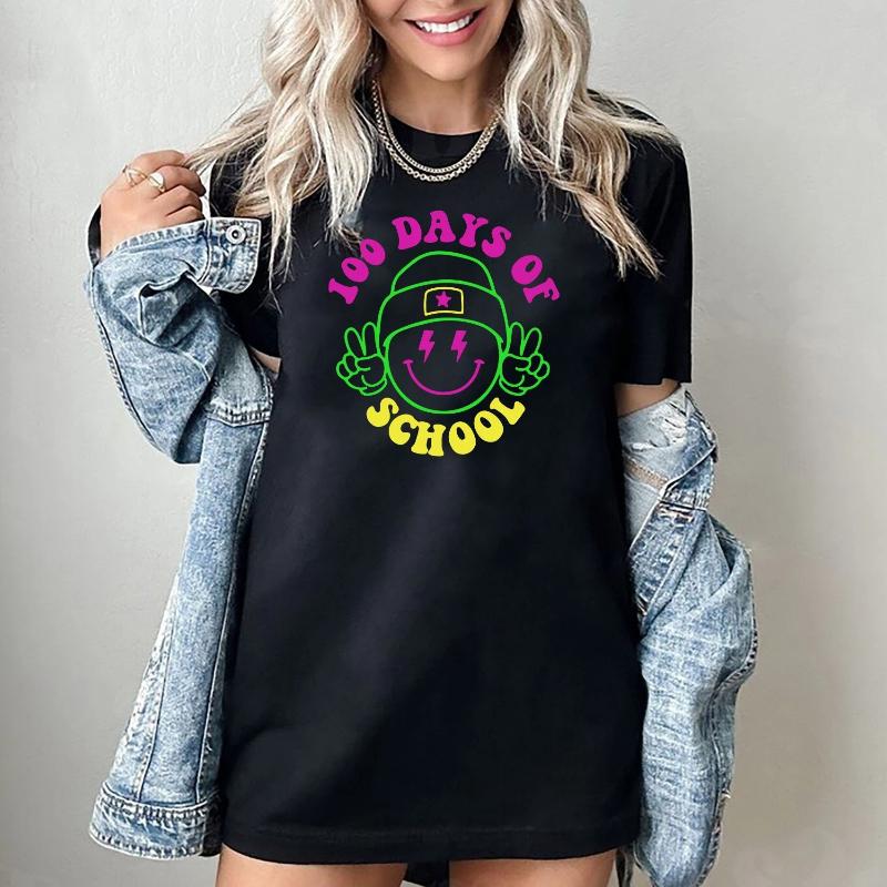 100 Days of School Smiley Face Sweatshirt 100 Day Women T Shirt 100th Day Of School Celebration Cotton Tops S