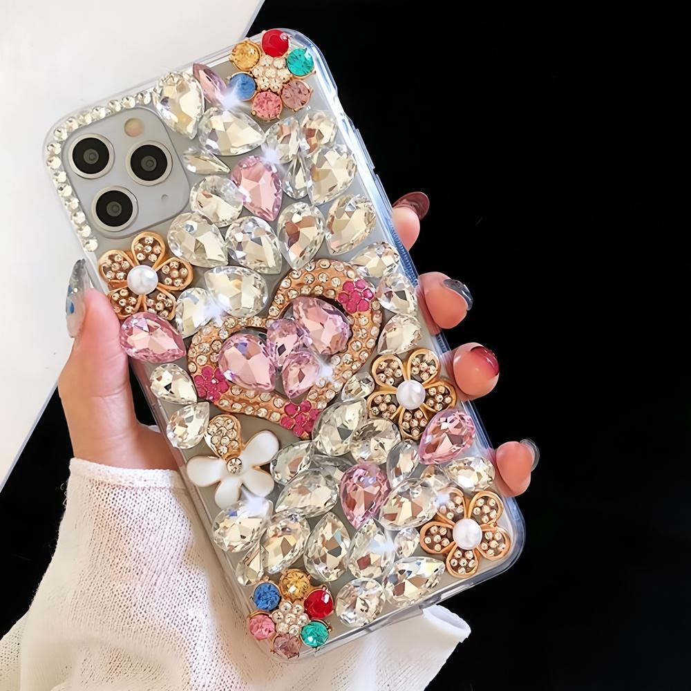Glitter Rhinestone Phone Case For iPhone 17 16 15 14 13 12 11 Pro Max Air mini 16e 8 7 Plus X XS XR, 3D Crystal Heart Floral Bling Diamond Jewel Cover