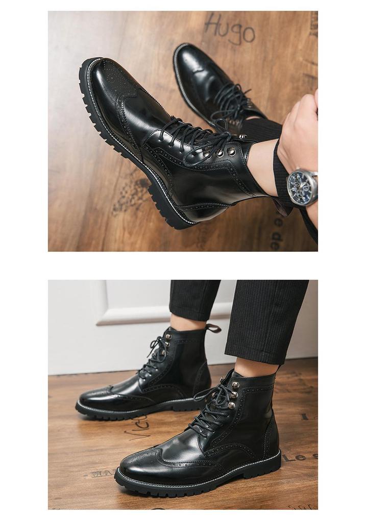 Men's High-Top Lace-Up Leather Boots, Trendy Burnished Style, Large Sizes for Autumn/Winter Outdoor Fashion