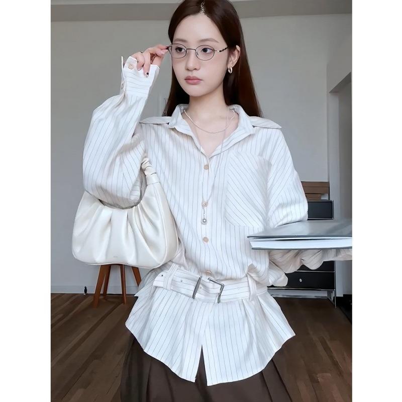 

Women S Autumn Striped Shirt With A Slim Waist, Unique Design, Long-Sleeved Vintage Top S абрикосовый