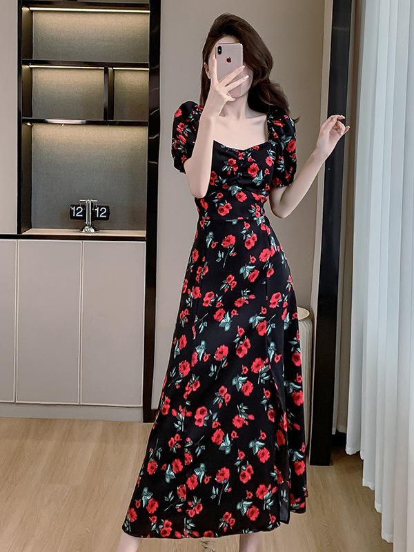 Summer 2024 French Square Neck Rose Print Dress - Gentle Style