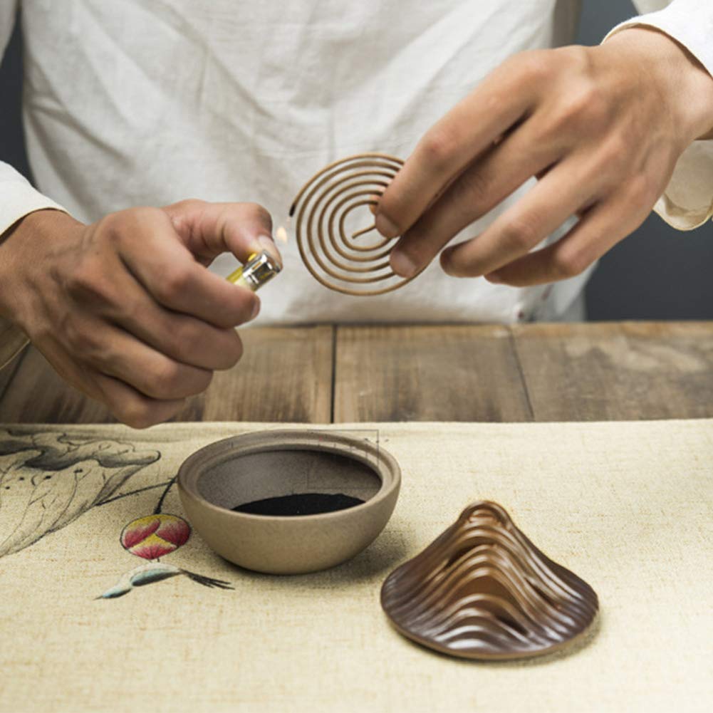 HIGHAWK Ceramic Incense Burner, Buddhist Altar Accessories, Spiral Incense Holder, Incense Cone Shape, Round Incense Burner with Lid, Mountain Peak
