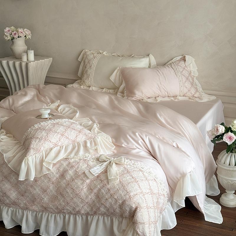 Princess Style Lace Ruffles Bow Bedding Set Lyocell Soft Silky Cool Feeling Duvet Cover Bed Sheet/Fitted Sheet Pillowcases 4Pcs