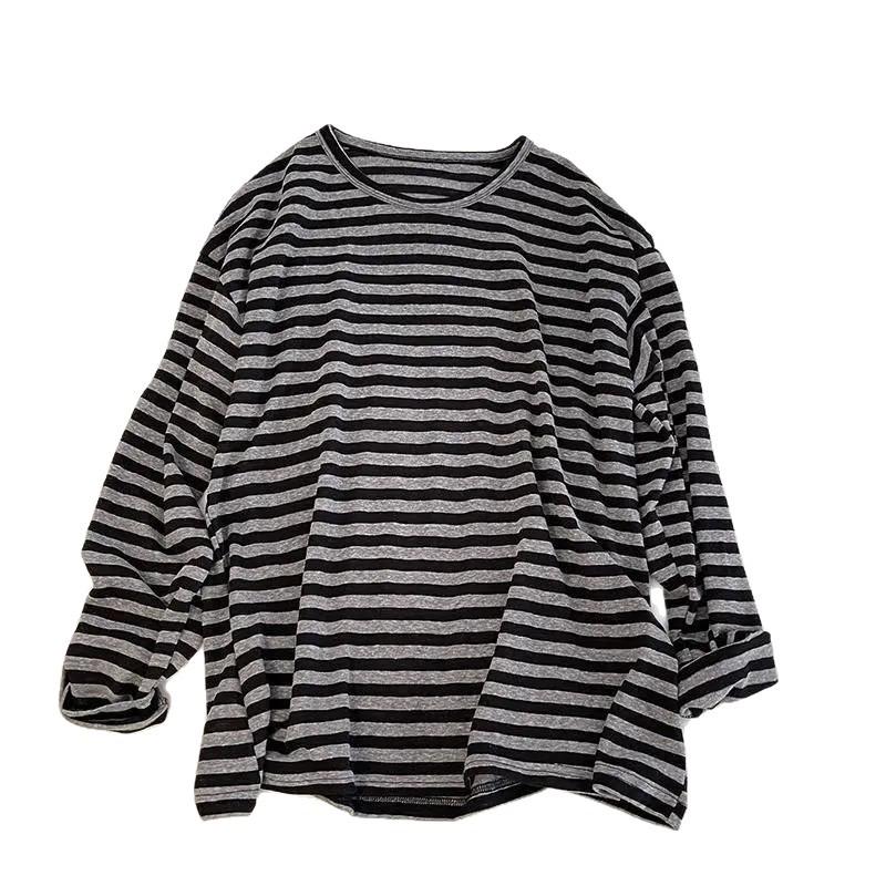 Damernas Oversized Svart och Grårandiga Långärmade T-shirt - Hösten 2025 Stil
