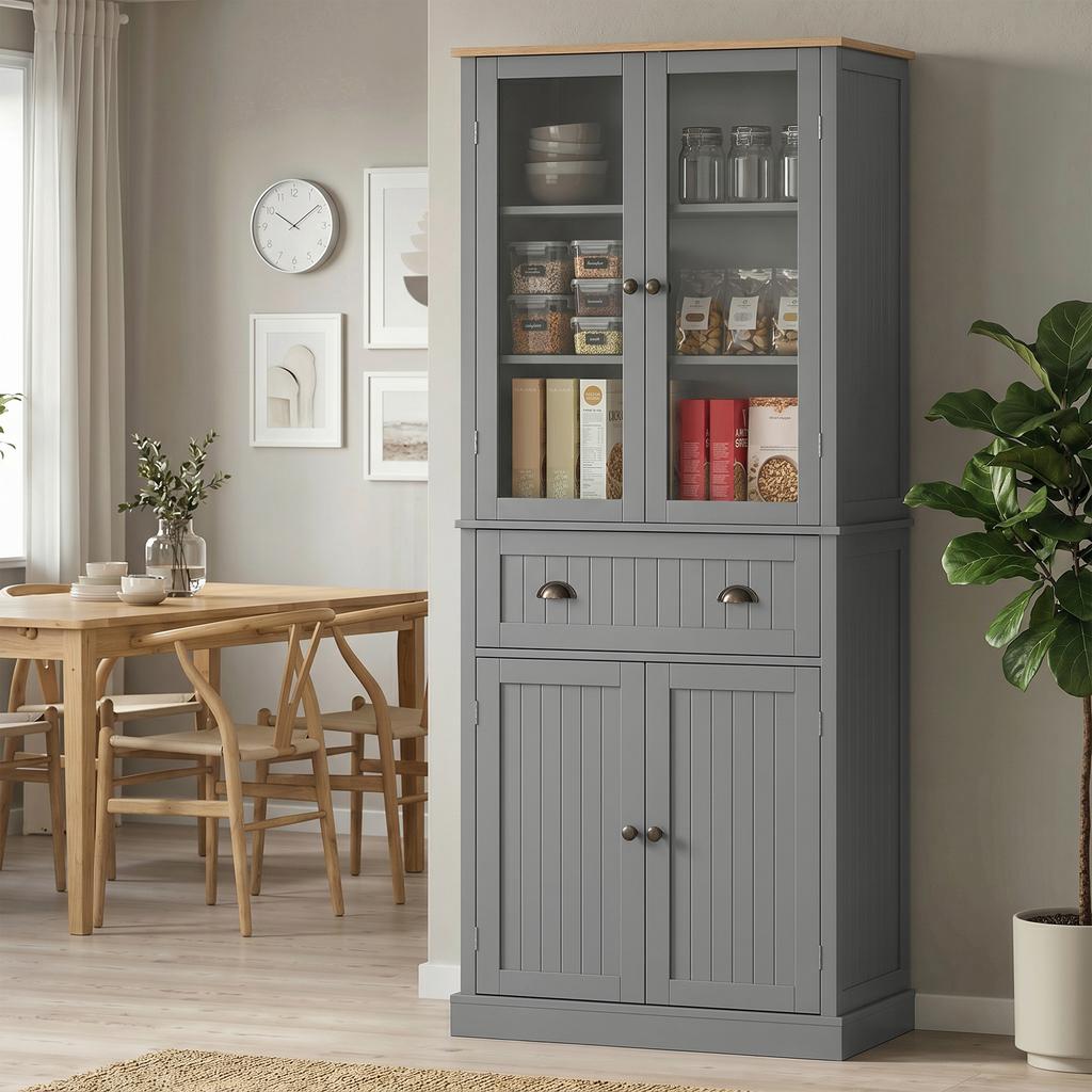 Kitchen Sideboard Storage Cabinet, 4 Doors (2 Glass), 1 Drawer, Adjustable Shelves, Grey