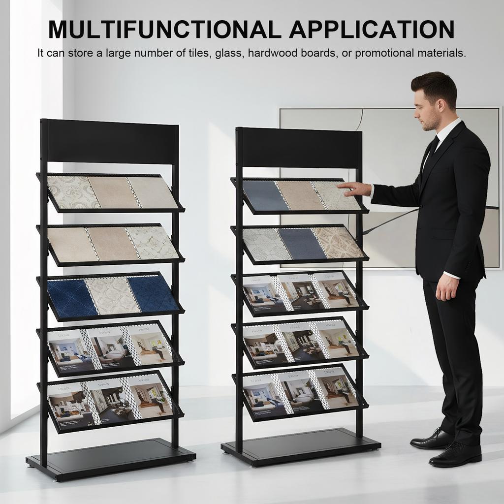 5 Tier Metal Floor Standing Tile Display Holder, Porcelain Display Stand Ceramic Tiles Sample Display Rack With Wheels