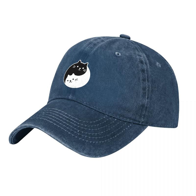 Yin Yang Cat Design Washed Canvas Baseball Cap Unisex Adjustable Hat for Unisex and Women Casual Streetwear Style Fashion Accessory