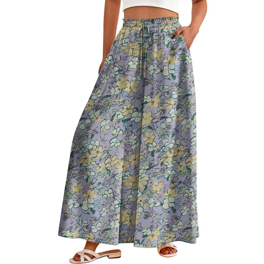 Women's Palazzo Pants Boho Floral Wide Leg Trousers Summer Beach High Waisted Flowy Pants With Pockets