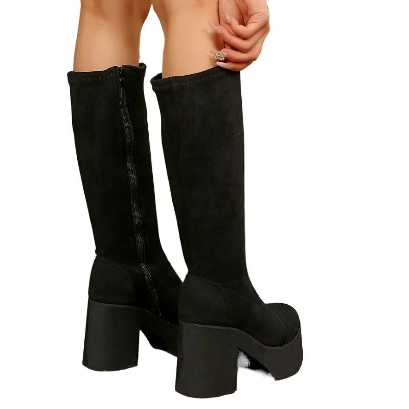 Fashion Shoes Female 2024 Fashion Side Zipper Women's Boots Winter Round Toe Suede Solid High Tube Platform Chunky Heels Women's Boots