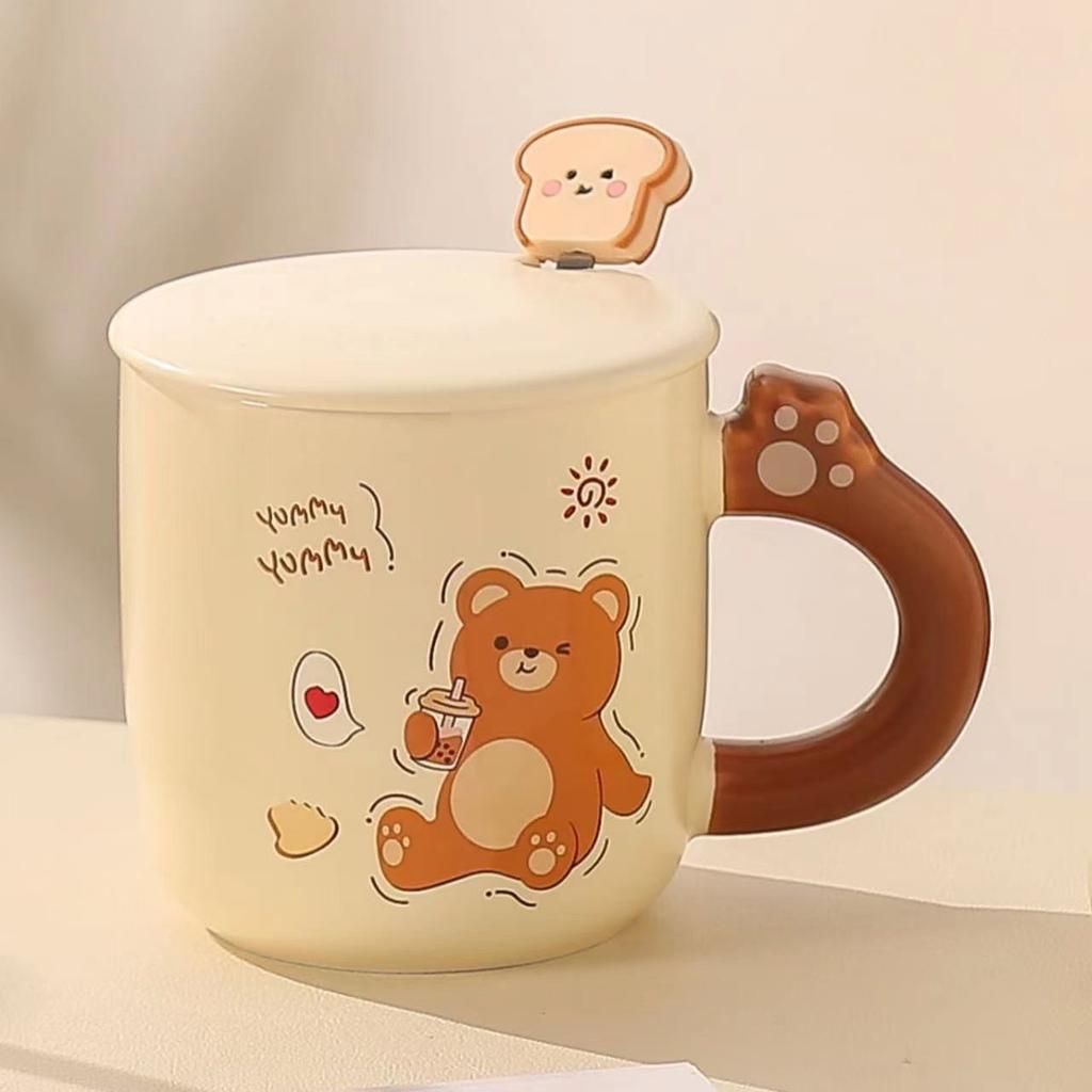 Keramické hrnky Milk Fufu Roztomilé hrnky s medvědem z chleba Hrnky na kávu a mléko pro pár do kanceláře i domů Lžíce s víčkem