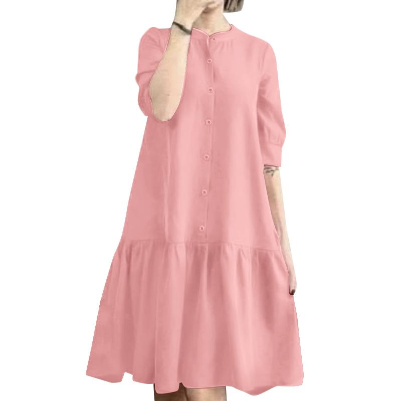 ZANZEA Women Casual Round Neck Summer Loose Short Sleeve Dress