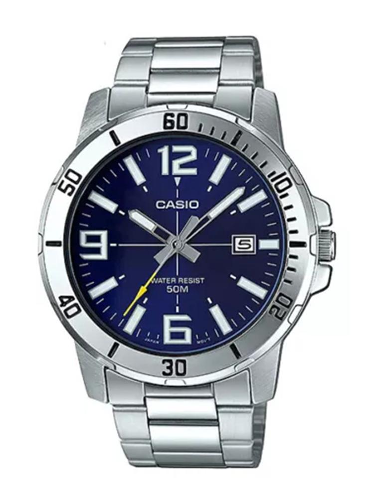 

Casio Мужские кварцевые часы с металлическим корпусом и ремешком из нержавеющей стали MTP-VD01D-2B синий