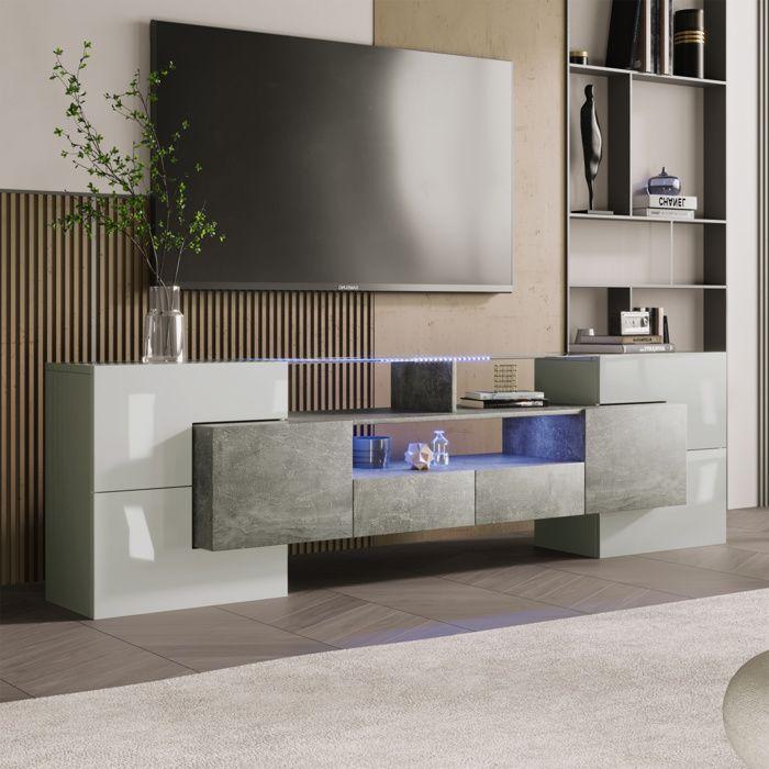 Modern TV Stand, Lacquered White and Grey, with LED Lighting, 6 Doors, 2 Drawers, Living Room Furniture, 200 X 35 X 60 Cm