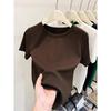 Women's Pink Thickened Brushed Cotton Short Sleeve T-shirt - Korean Style, Straight Shoulder, Round Neck for Spring, Summer, Autumn (2026 New)