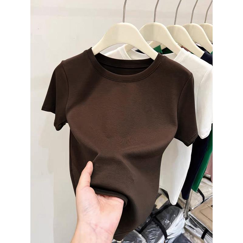 Women's Pink Thickened Brushed Cotton Short Sleeve T-shirt - Korean Style, Straight Shoulder, Round Neck for Spring, Summer, Autumn (2026 New)