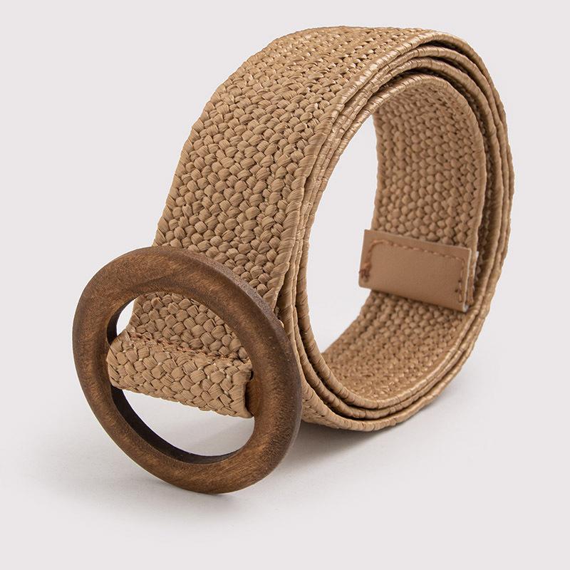 Bohemian-style Belt with Round Wood Buckle, Natural Country Stretch Pp Grass, Natural Women's Belt, Versatile Vacation Belt