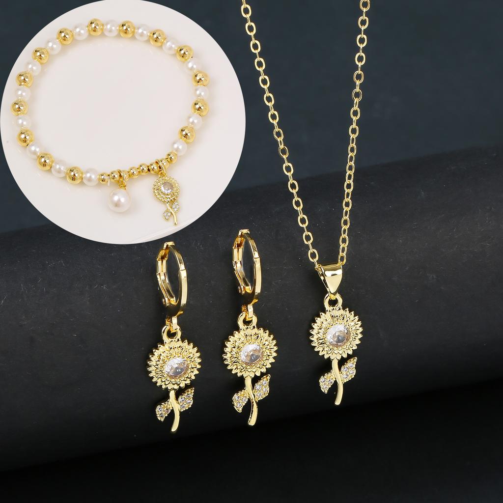 3pcs Lucky Plant Sunflower Rose Flower Necklace Jewelry Set Bracelet Earrings Charming for Women Girls Party Birthday Jewelry