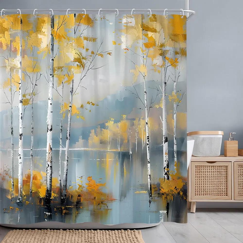 Beautiful Birch Tree Oil Brushstroke Printed Shower Curtain Golden Autumn Leaves Lake Water Fabric Shower Curtain Bathroom Decor