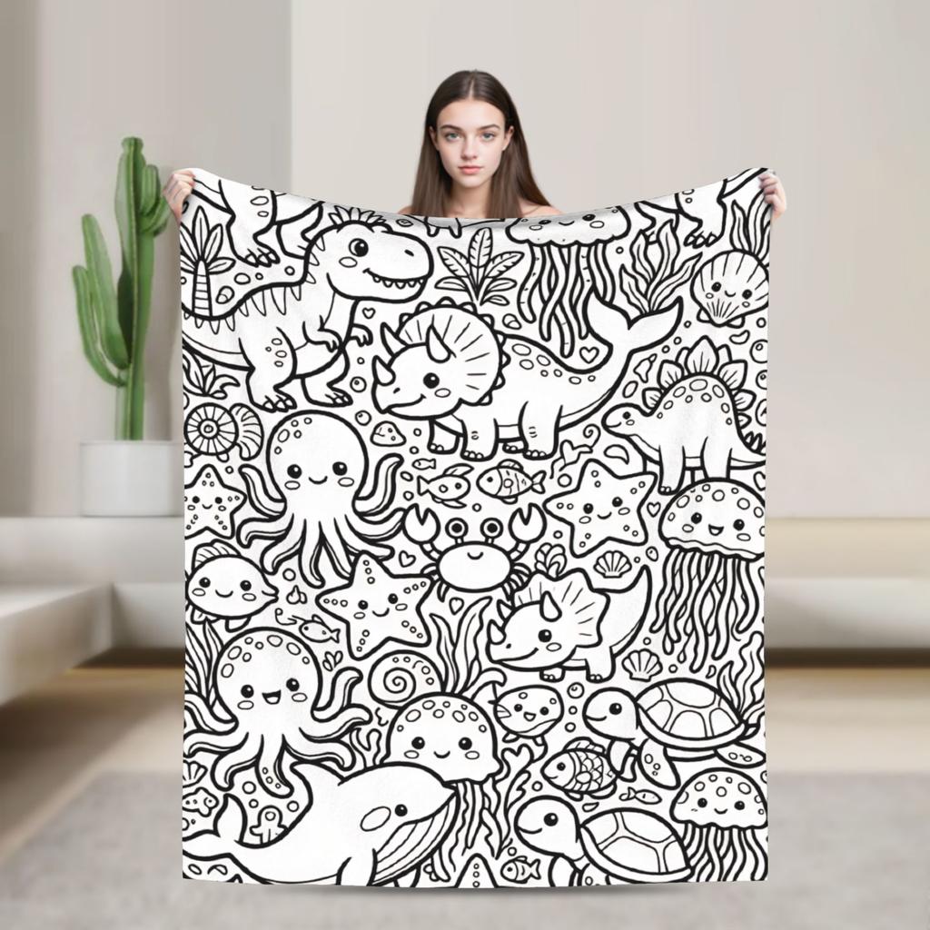 Jungle Wild Animals Doodle Collection Line Art Graphic Flannel Blanket Girl  Soft Throw Blanket Winter Bedspread Sofa Bed Cover