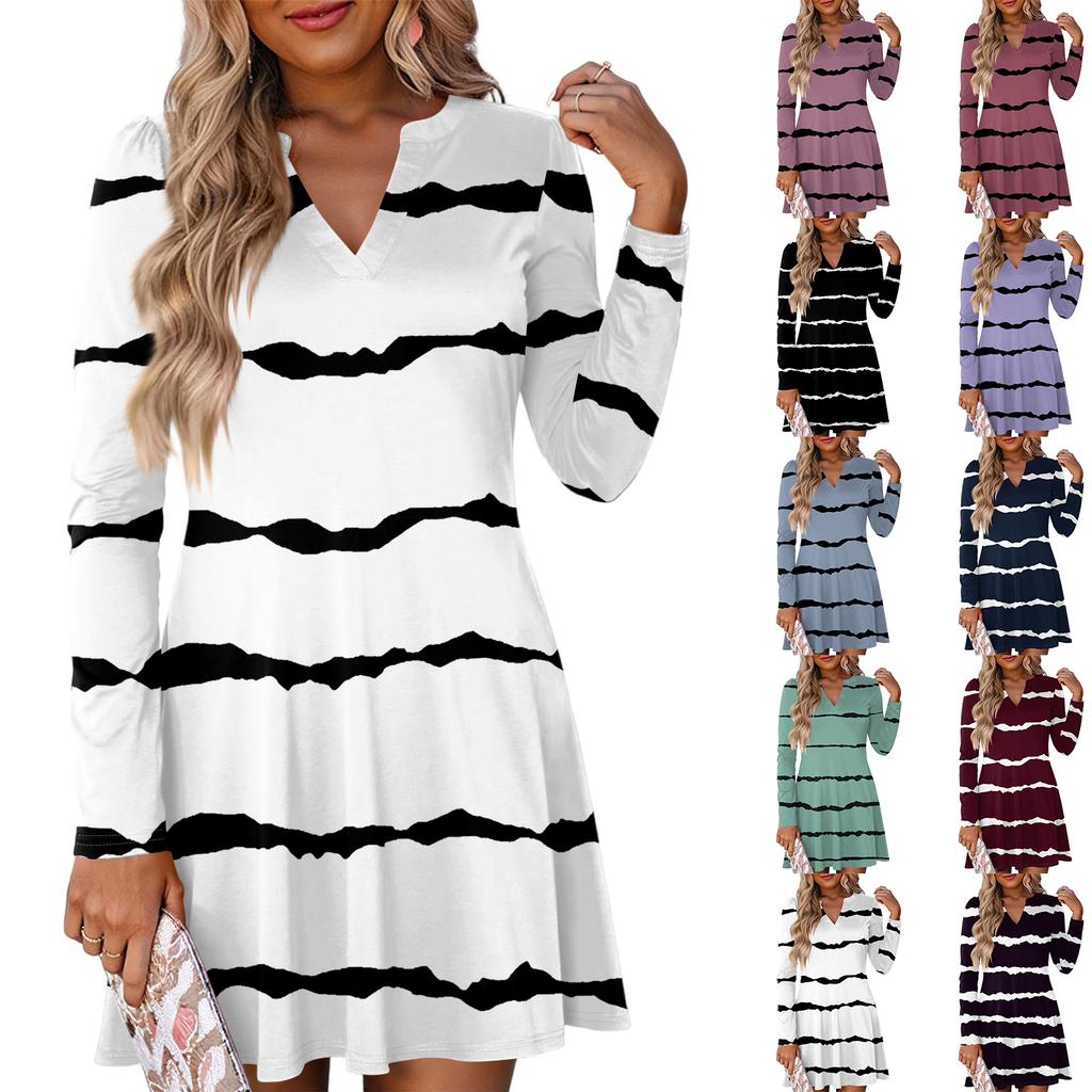 Women's Fashion Striped V-Neck Long Sleeve  Dress