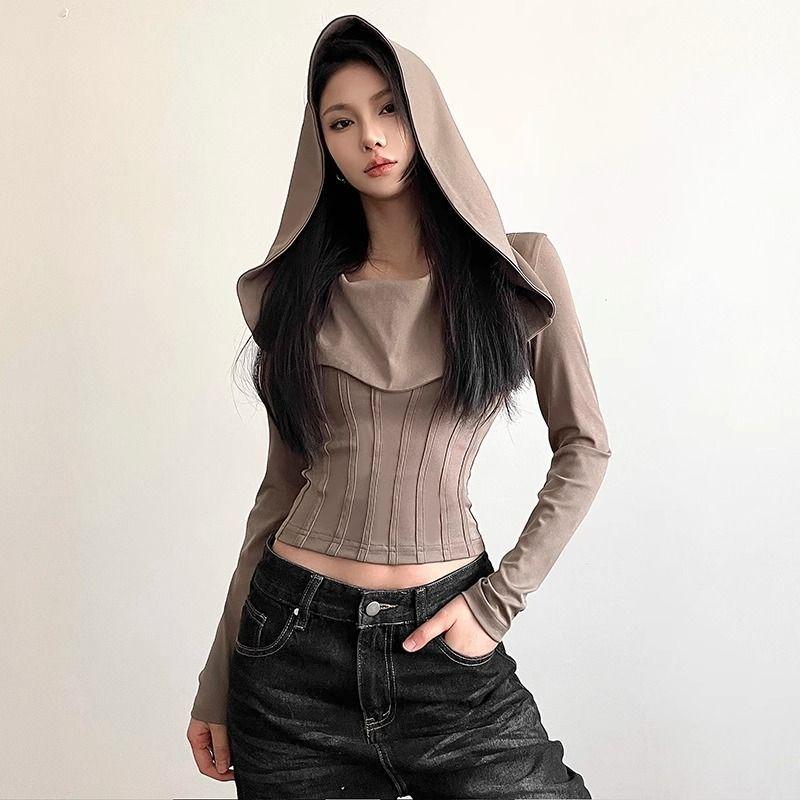 T-shirt a maniche lunghe con doppio cappuccio, stile Design Sense, colore Dune Wasteland Wind, da donna, aderente, corta, stile Spice Girl, per Instagram
