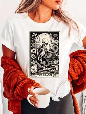 Black And Floral Skull Reading Fashion Letter Print T-Shirt, Short Sleeve Crew Neck Casual Top for Summer & Spring, Women'S Apparel