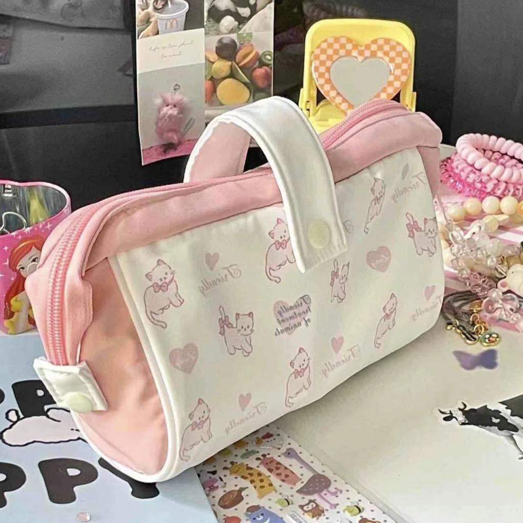 Cute Pink Cat Printed Pencil Case Back To School Ins Style Large Capacity Eco-Friendly Student Stationery Organizer & Makeup Bag