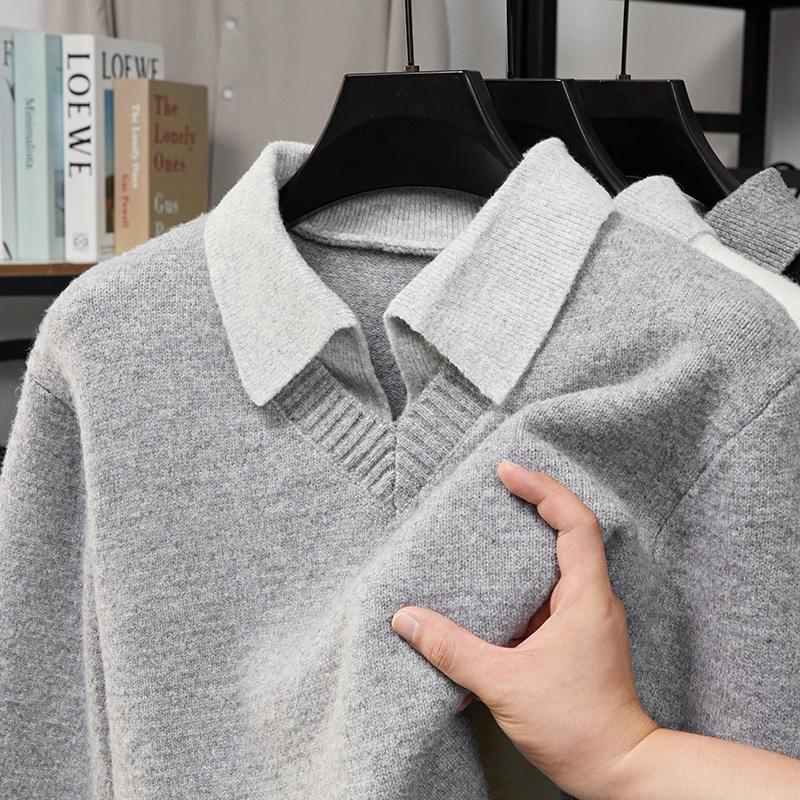 

Осень Зима Новый Мужской Свитер Контрастного Цвета с Лацканами Имитация Двойки Оригинальный Дизайн Минималистичный Британский Стиль Вязаные Изделия Мужская Одежда XXXL&Pack of 1 серый